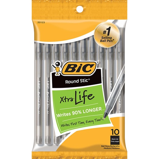 [GSMP101BK BIC] Medium Point Black Round Stic® Xtra Life Ballpoint Pen Pack of 10