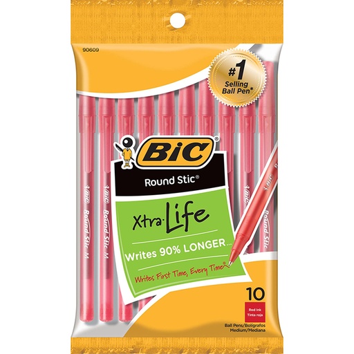 [GSMP101RD BIC] Medium Point Red Round Stic® Xtra Life Ballpoint Pen Pack of 10