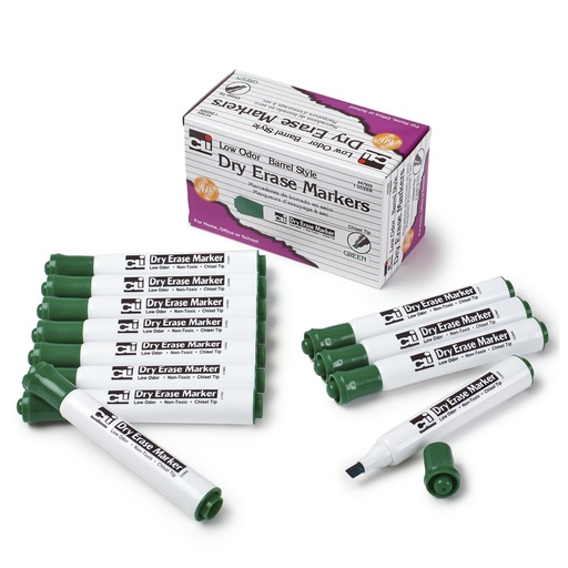 [47925 CLI] Green Chisel Tip Barrel Style Dry Erase Markers Pack of 12