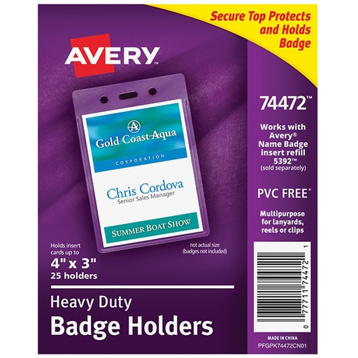 [74472 AVE] Portrait 4" x 3" Heavy-Duty Badge Holders 25ct