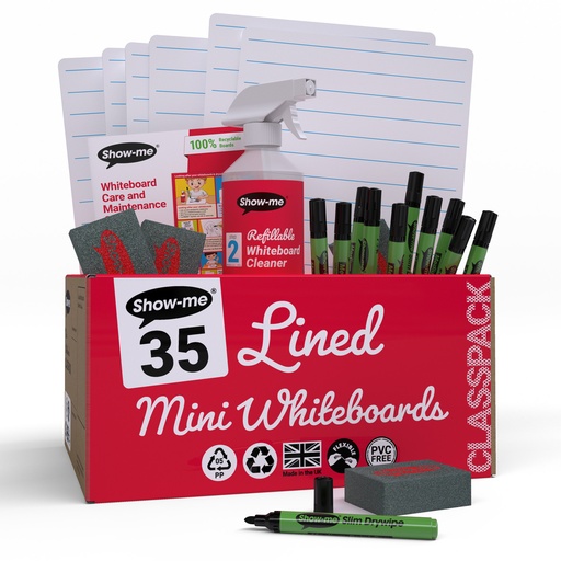 [CLIBX EPG] Show-me Classpack of 35 x A4 Lined/Plain Dry Erase Boards, with pens and erasers plus a Free Cleaner 