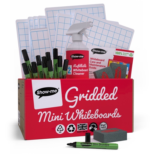 [CSQBX EPG] Show-me Classpack of 35 x A4 Gridded/Plain Dry Erase Boards, with pens and erasers plus a Free Cleaner 