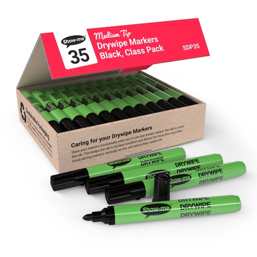 [SDP35 EPG] Show-me Class Pack of 35 Medium Tip Slim Barrel Dry Erase Markers in Black 